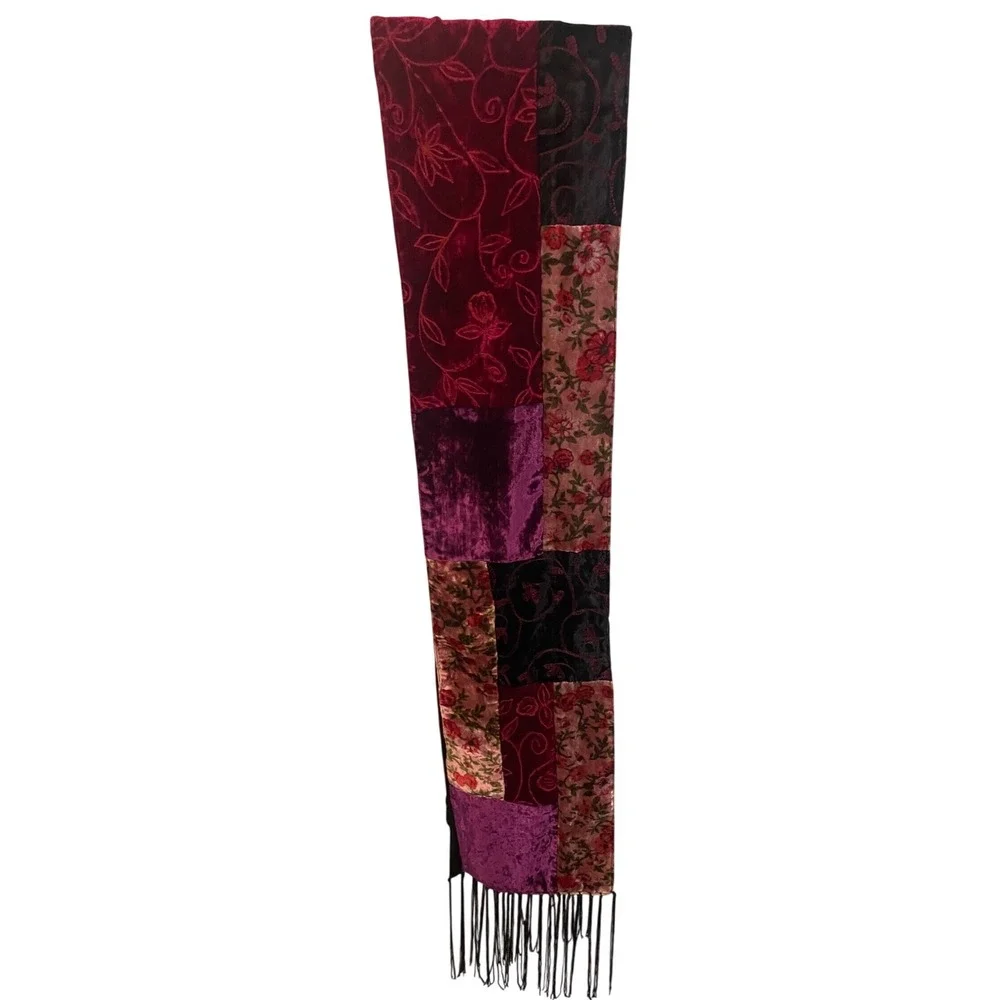 Vintage Whimsigoth Patchwork Velvet & Embroidered Scarf with Fringe Trim